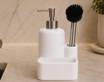 Organizador de fregadero de cocina blanco, dispensador de jabón para platos con portaescobillas, organizador de fregadero