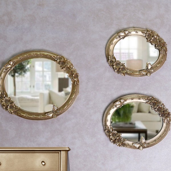 Acacia 3 pezzi Specchi da parete con cornice in resina nei colori oro, argento / Set di specchi da parete moderni