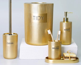 Grooved 5 Pieces Bathroom Set in Gold Color / Waste bin, Toilet Brush, Soap Dispenser, Toothbrush Holder, Small Tray
