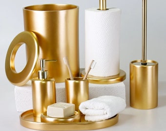 Victoria 7 Pcs. Bath Sets in Gold Color / Dustbin, Toilet Brush, Soap Dish, Towel Holder, Paper Towel Holder, Toothbrush Holder, Soap Tray
