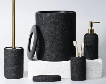Natural 5 Pieces Bathroom Set in Black Color with Dustbin, Toilet Brush, Soap Dispenser, Toothbrush Holder, Soap Tray
