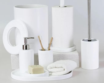 Victoria 7 Pcs. Bath Sets in White Color / Dustbin, Toilet Brush, Soap Dish, Towel Holder, Paper Towel Holder, Toothbrush Holder, Soap Tray
