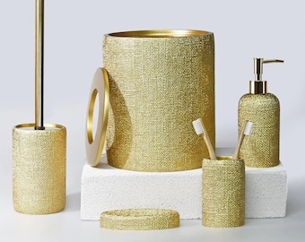 Natural 5 Pieces Bathroom Set in Gold Color with Dustbin, Toilet Brush, Soap Dispenser, Toothbrush Holder, Soap Tray