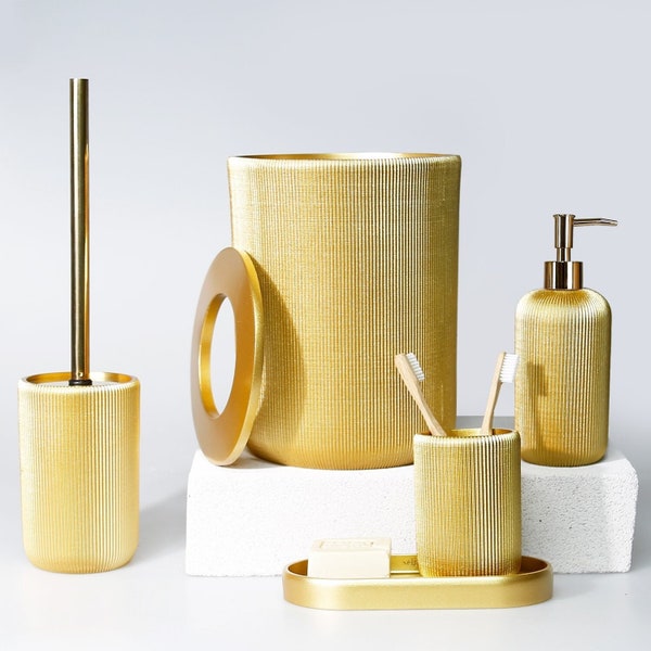 Lydia 5 Pieces Bathroom Set in Gold Color with Dustbin, Toilet Brush, Soap Dispenser, Toothbrush Holder, Tray