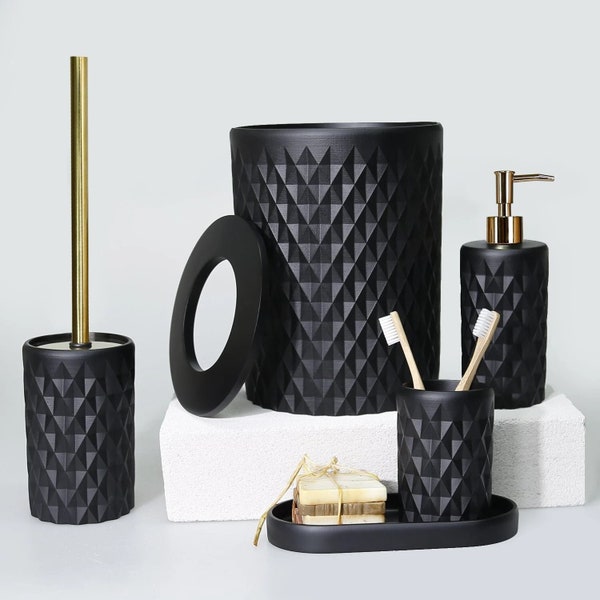 Glowing 5 Pieces Bathroom Sets in Black Color / Trash Can, Toilet Brush, Soap Dish, Toothbrush Holder, Tray / Unique Bathroom Decor