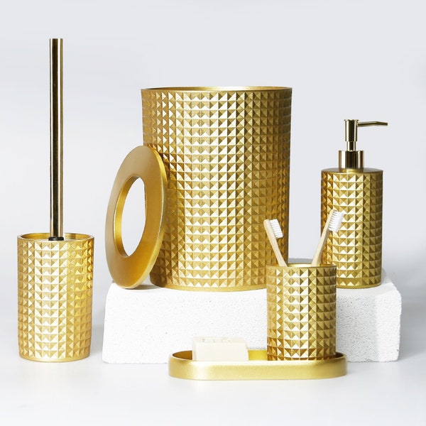 Neptune 5 Pieces Bathroom Set in Gold Color with Dustbin, Toilet Brush, Soap Dispenser, Toothbrush Holder, Tray