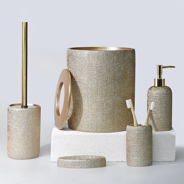 Natural 5 Pieces Bathroom Set in Taupe Color with Dustbin, Toilet Brush, Soap Dispenser, Toothbrush Holder, Soap Tray