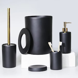 Victoria Bathroom Set in Black Color / Dustbin, Toilet Brush, Soap Dish, Towel Holder, Paper Towel Holder, Toothbrush Holder, Soap Tray