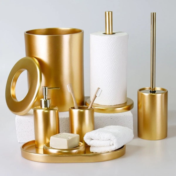 Victoria 7 Pcs. Bath Sets in Gold Color / Dustbin, Toilet Brush, Soap Dish, Towel Holder, Paper Towel Holder, Toothbrush Holder, Soap Tray