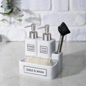 Twins Soap Dish and Sponge Holder with Brush in White Color / Soap Dispenser for Kitchen and Bathroom