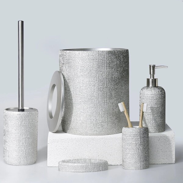 Natural 5 Pieces Bathroom Set in Silver Color with Dustbin, Toilet Brush, Soap Dispenser, Toothbrush Holder, Soap Tray