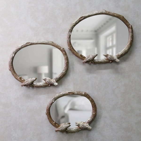 Set of 3 Mirror with Birds in Taupe Color