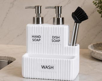 Grooved Collection White Double Soap Dispenser with Brush and Sponge Holder