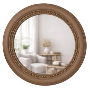 Espelho de parede redondo em resina com detalhes em vison e contas: Espelho decorativo de luxo em resina. Mink