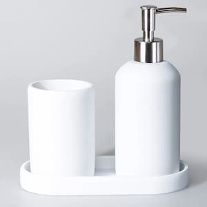 Smooth Bathroom Set in White Color / Soap Dispenser, Toothbrush Holder, Bathroom Tray