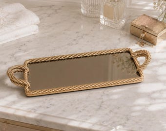 Gold Rope Rectangular Mirror Tray: Resin Vanity Tray (10x20 in)