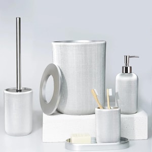 Lydia Collection Silver Luxury Bathroom Accessories Set – 5 Piece (Trash Can, Toilet Brush, Soap Dispenser, Toothbrush Holder, Tray)