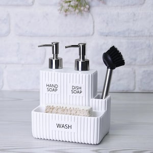 Grooved Double Soap Dispenser and Sponge Holder with Brush, White