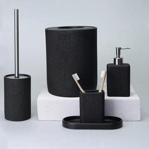 Linen Collection Black Luxury Bathroom Accessories Set – 5 Piece (Trash Can, Toilet Brush, Soap Dispenser, Toothbrush Holder, Tray)