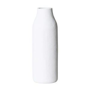 May include: A tall, cylindrical white vase with a narrow neck and a flat base. The exterior surface features a textured pattern of visible, multidirectional brushstroke-like grooves that create a tactile, matte finish across the entire body.