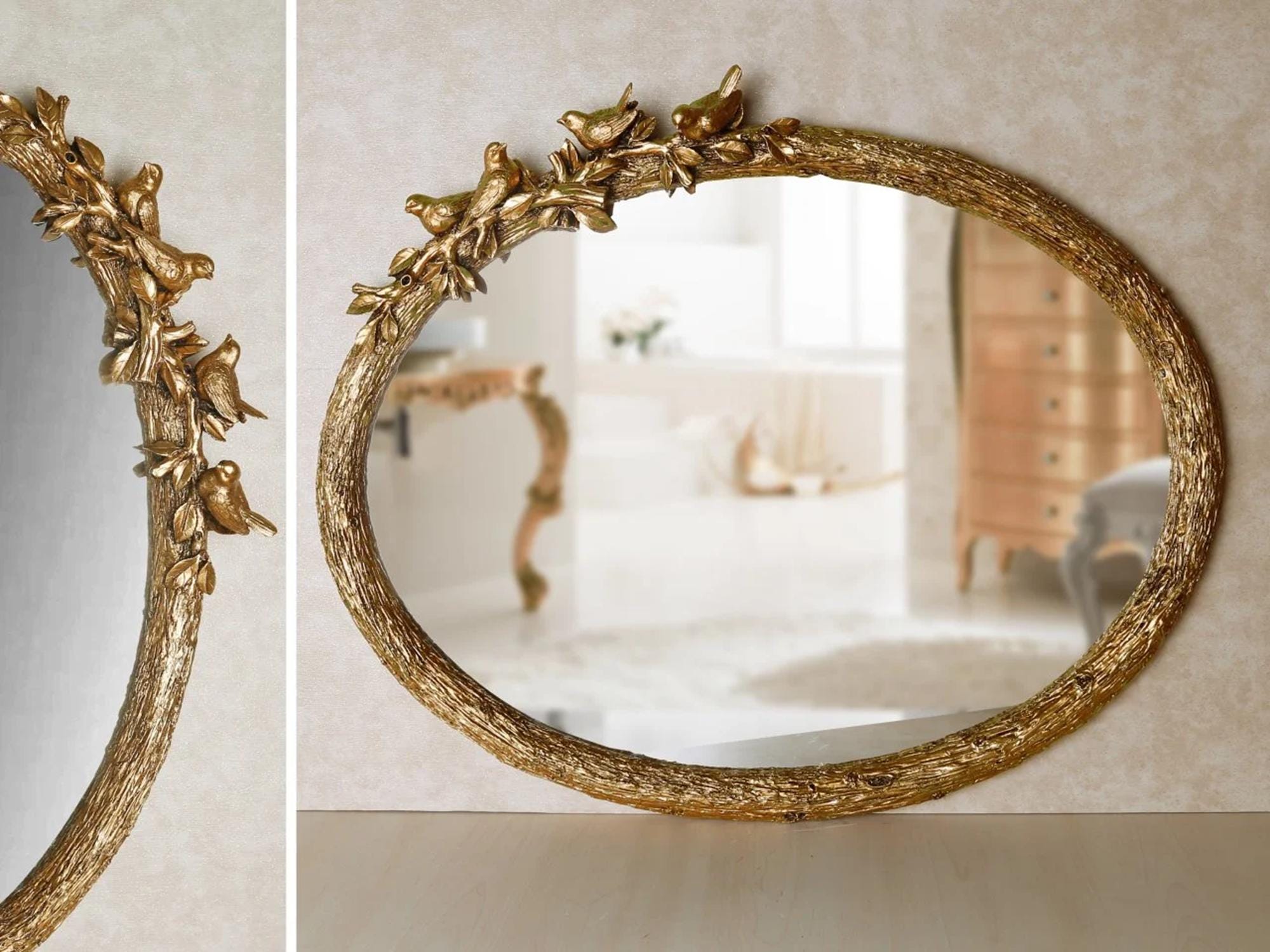 Bird Oval Wall Mirror / Handmade Resin Frame / Gold Finish