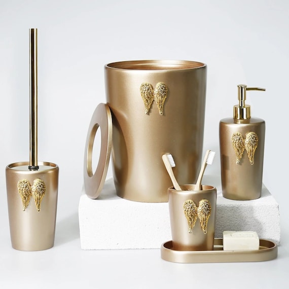 Wings Bathroom Set in Taupe Color / Dustbin, Toilet Brush, Liquid Soap Dispenser, Toothbrush Holder, Soap Tray 