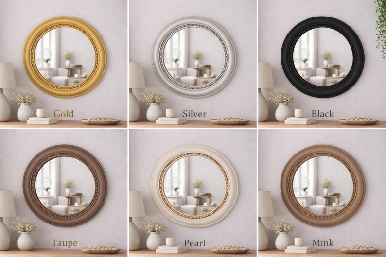Espelho de parede redondo em resina com detalhes em vison e contas: Espelho decorativo de luxo em resina. imagem 13