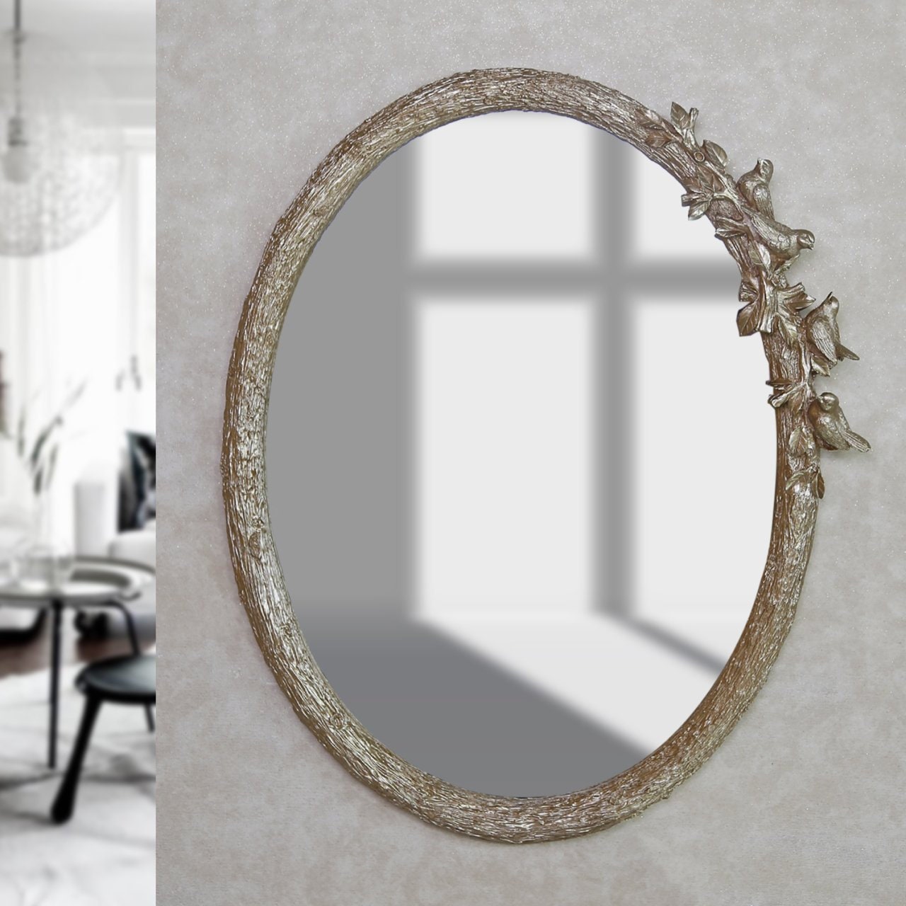 Bird Large Oval Wall Mirror With Gold Silver Pearl and Taupe - Etsy
