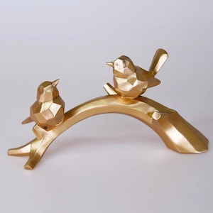 Two Sparrow Birds on a Branch / Birds Figurine / Resin Handmade Sculpture for Elegant Home Decor / Gold Birds Sculpture