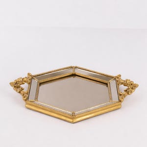 Gold sechseckiges Spiegeltablett: Vintage-Stil verzierten Griff Waschtisch Tablett