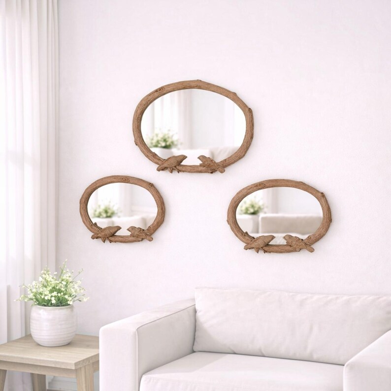 Lustra owalne w kolorze srebrnym w ramce Branch Frame Bird, zestaw 3 sztuk zdjęcie 11