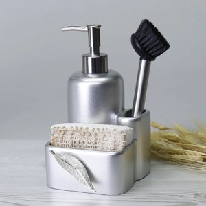 Leaf Soap Dispenser and Sponge Holder with Brush in Silver Color