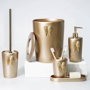 Wings Bathroom Accessories Set in Taupe, Gold Colors / Bathroom Set with Trash Can, Toilet Brush, Soap Dispenser, Toothbrush Holder, Tray