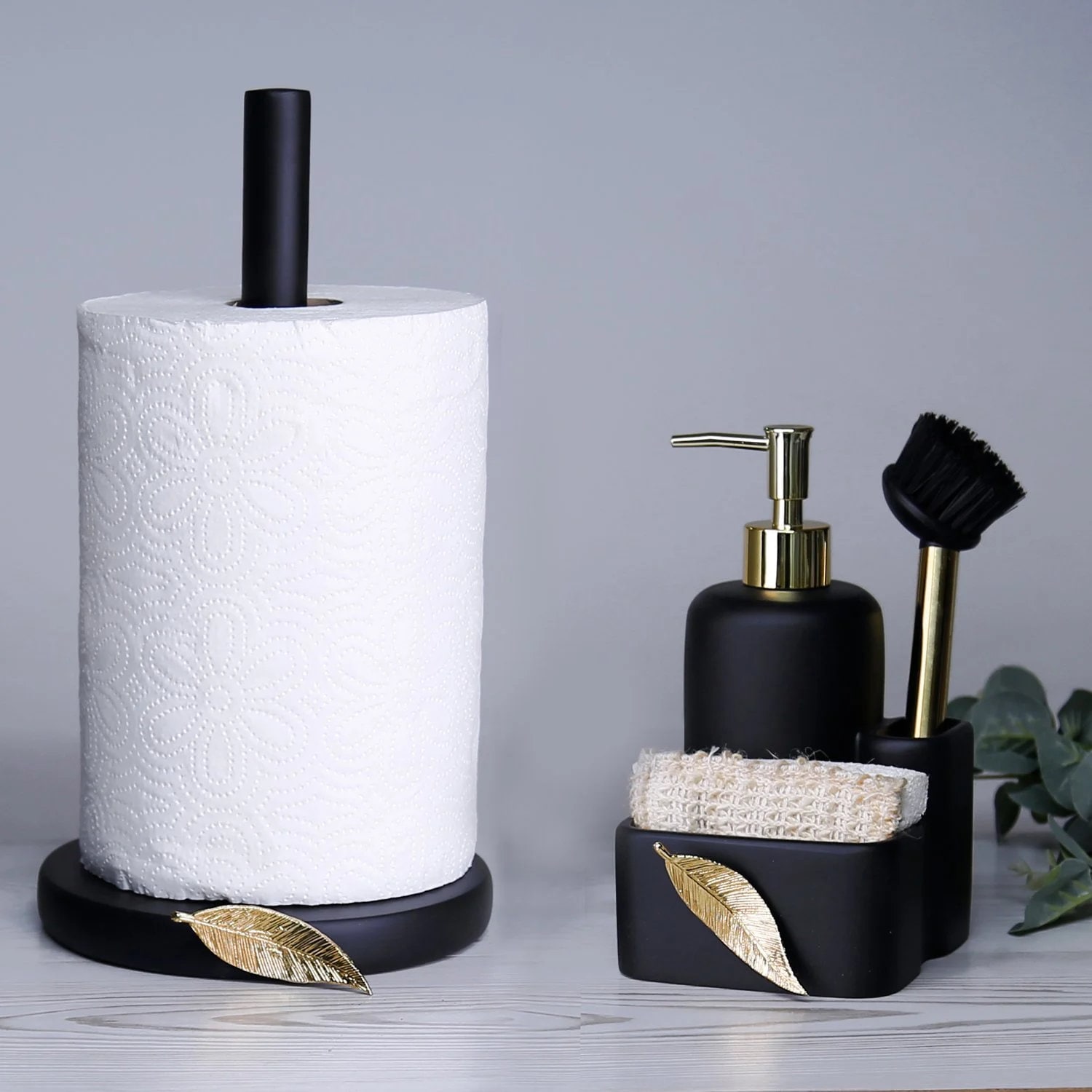 Leaf Paper Towel Holder in Black and Gold Colors 