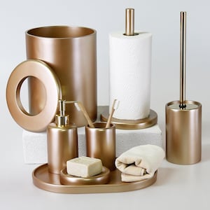 Victoria 7 Pcs. Bathroom Set in Taupe Color / Dustbin, Toilet Brush, Tray, Paper Towel Holder, Soap Dispenser, Toothbrush Holder, Soap Tray