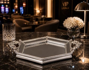 Silver Hexagonal Mirrored Tray: Vintage Style Ornate Handle Vanity Tray