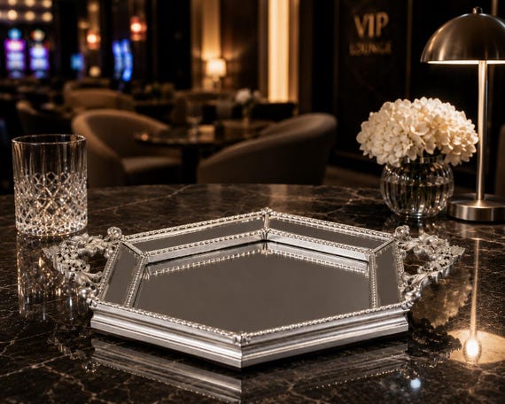 Silver Hexagonal Mirrored Tray: Vintage Style Ornate Handle Vanity Tray