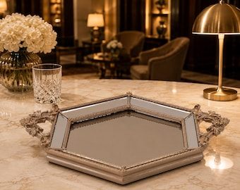 Mink Hexagonal Mirrored Tray: Vintage Style Ornate Handle Vanity Tray