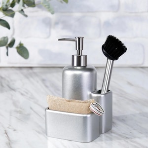 Leonis Seifenspender und Schwammhalter mit Bürste in Silberfarbe