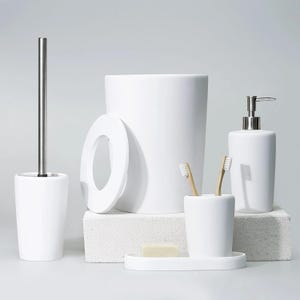 Conical Luxury Bathroom Accessories Set in White Color / Bathroom Set with Trash Bin, Toilet Brush, Soap Dispenser, Toothbrush Holder, Tray