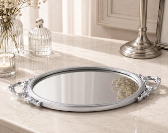 Silver Oval Mirrored Tray: Decorative Vanity Tray (10x20 in)