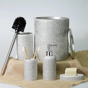 Natural 5 Pieces Bathroom Set in Silver Color with Dustbin, Toilet Brush, Soap Dispenser, Toothbrush Holder, Soap Tray