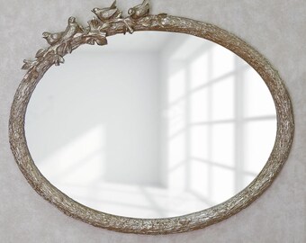 Bird Oval Wall Mirror: Gold, Silver & Pearl Resin, 26 Inch