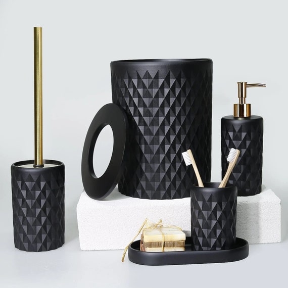 Glowing 5 Pieces Bathroom Sets in Black Color / Trash Can, Toilet Brush,  Soap Dish, Toothbrush Holder, Tray / Unique Bathroom Decor 