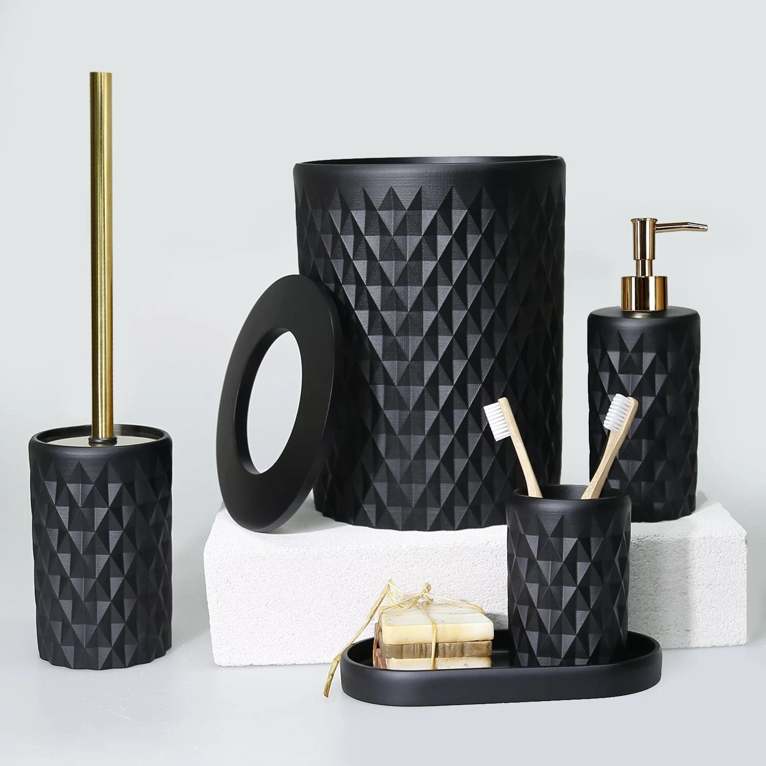 Jo Lavie Bathroom Accessories Matte Black Set of 4, Bathroom Organization, Bathroom Accessory Set - Soap Dispenser, Bathroom Jars, Toothbrush Cup, Bru