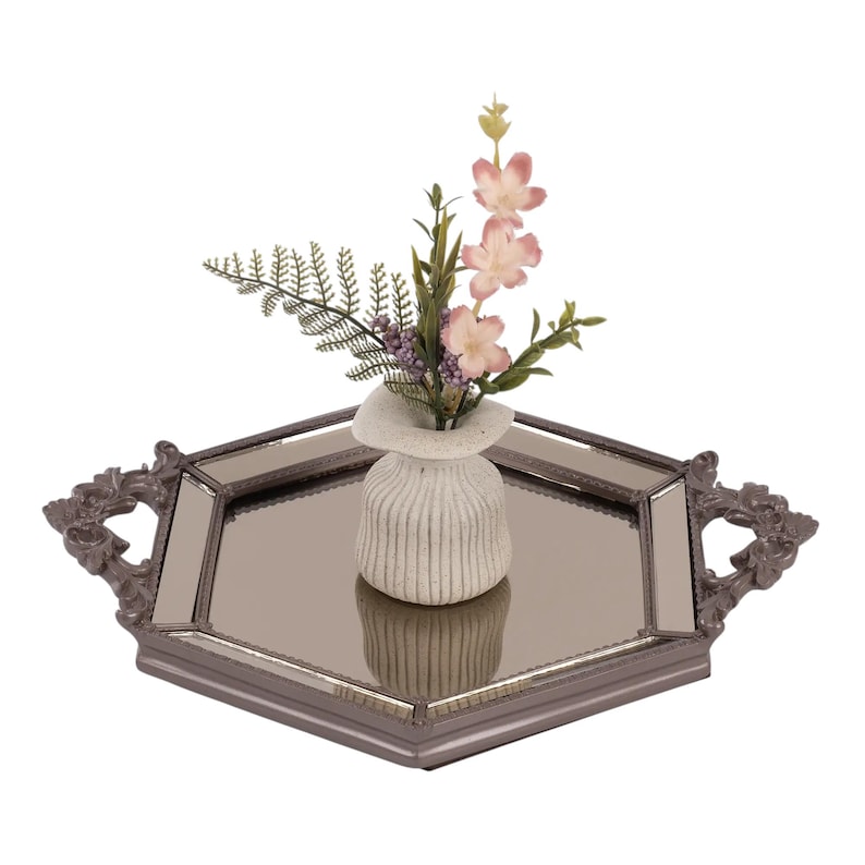 Gold Hexagonal Mirrored Tray: Vintage Style Ornate Handle Vanity Tray image 14