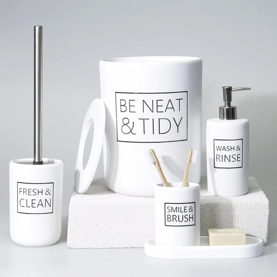 Clemente Bathroom Set in White Color With Dustbin, Toilet Brush, Soap  Dispenser, Toothbrush Holder, Tray / 5 Pieces Toilet Set 