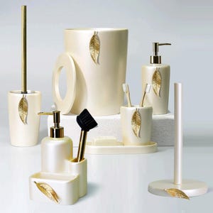 Pearl & Gold Leaf Resin Bathroom Accessories Set