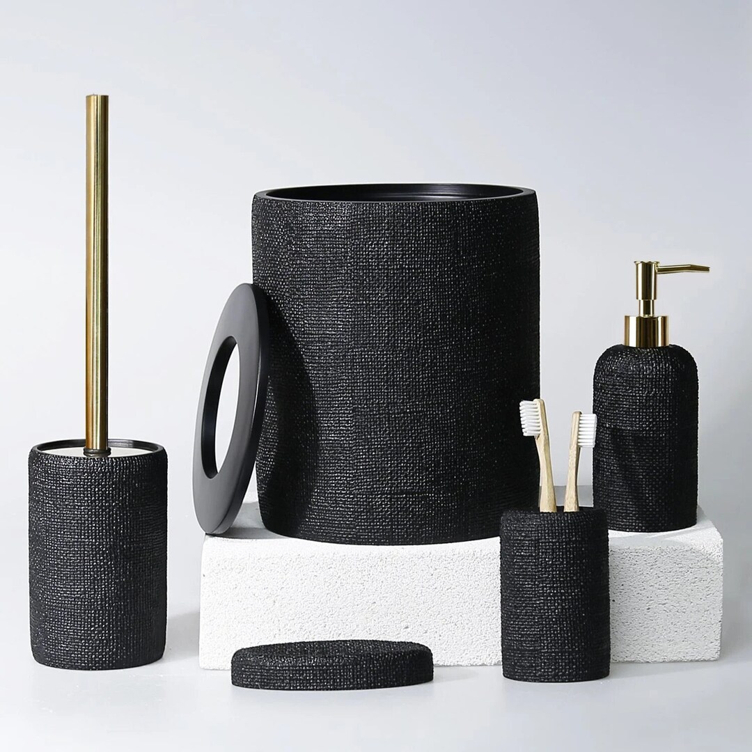 Natural 5 Pieces Bathroom Set in Black Color With Dustbin, Toilet Brush ...