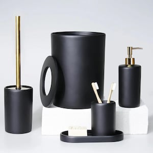 Victoria Collection Black Luxury Bathroom Accessories Set – 5 Piece (Trash Can, Toilet Brush, Soap Dispenser, Toothbrush Holder, Tray)